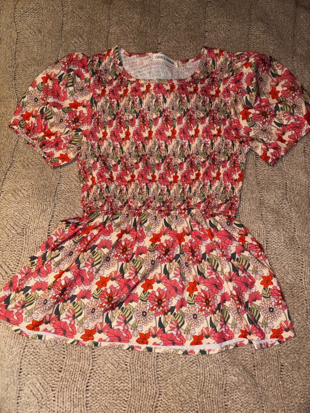 Grace + Emma Floral Smocked Peplum Top Size S Puff Sleeve